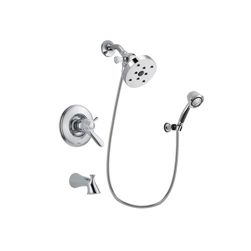 Delta Lahara Chrome Finish Thermostatic Tub and Shower Faucet System Package with 5-1/2 inch Shower Head and 5-Spray Adjustable Wall Mount Hand Shower Includes Rough-in Valve and Tub Spout DSP0391V