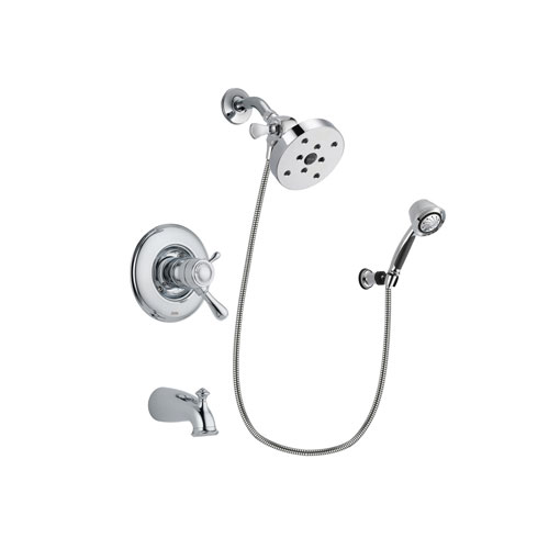 Delta Leland Chrome Finish Thermostatic Tub and Shower Faucet System Package with 5-1/2 inch Shower Head and 5-Spray Adjustable Wall Mount Hand Shower Includes Rough-in Valve and Tub Spout DSP0395V
