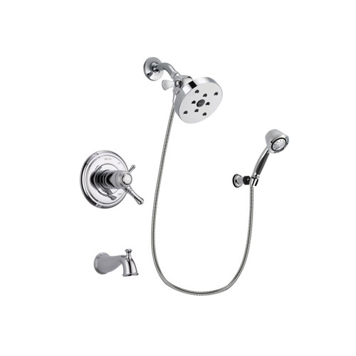 Delta Cassidy Chrome Finish Thermostatic Tub and Shower Faucet System Package with 5-1/2 inch Shower Head and 5-Spray Adjustable Wall Mount Hand Shower Includes Rough-in Valve and Tub Spout DSP0399V