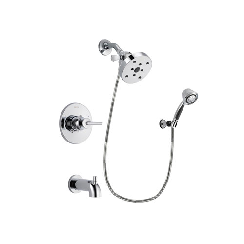 Delta Trinsic Chrome Finish Tub and Shower Faucet System Package with 5-1/2 inch Shower Head and 5-Spray Adjustable Wall Mount Hand Shower Includes Rough-in Valve and Tub Spout DSP0403V