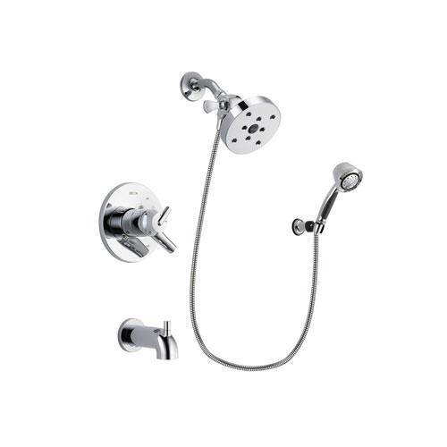 Delta Trinsic Chrome Finish Dual Control Tub and Shower Faucet System Package with 5-1/2 inch Shower Head and 5-Spray Adjustable Wall Mount Hand Shower Includes Rough-in Valve and Tub Spout DSP0413V