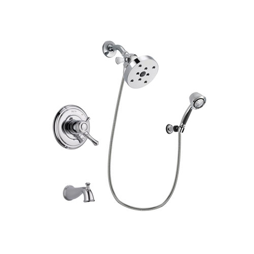 Delta Cassidy Chrome Finish Dual Control Tub and Shower Faucet System Package with 5-1/2 inch Shower Head and 5-Spray Adjustable Wall Mount Hand Shower Includes Rough-in Valve and Tub Spout DSP0423V
