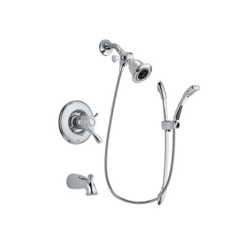Delta Leland Chrome Finish Thermostatic Tub and Shower Faucet System Package with Water Efficient Showerhead and Handheld Shower with Slide Bar Includes Rough-in Valve and Tub Spout DSP0463V