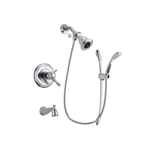 Delta Cassidy Chrome Finish Thermostatic Tub and Shower Faucet System Package with Water Efficient Showerhead and Handheld Shower with Slide Bar Includes Rough-in Valve and Tub Spout DSP0467V