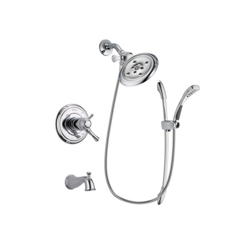 Delta Cassidy Chrome Finish Thermostatic Tub and Shower Faucet System Package with Large Rain Showerhead and Handheld Shower with Slide Bar Includes Rough-in Valve and Tub Spout DSP0501V