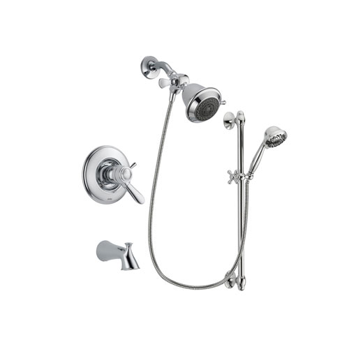 Delta Lahara Chrome Finish Thermostatic Tub and Shower Faucet System Package with Shower Head and 7-Spray Handheld Shower Sprayer with Slide Bar Includes Rough-in Valve and Tub Spout DSP0561V