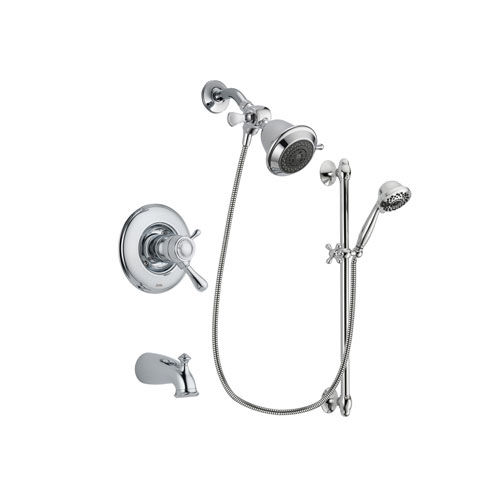 Delta Leland Chrome Finish Thermostatic Tub and Shower Faucet System Package with Shower Head and 7-Spray Handheld Shower Sprayer with Slide Bar Includes Rough-in Valve and Tub Spout DSP0565V