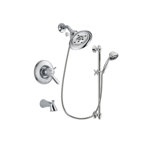 Delta Lahara Chrome Finish Thermostatic Tub and Shower Faucet System Package with Large Rain Showerhead and 7-Spray Handheld Shower Sprayer with Slide Bar Includes Rough-in Valve and Tub Spout DSP0629V