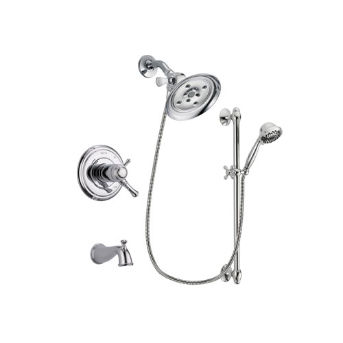 Delta Cassidy Chrome Finish Thermostatic Tub and Shower Faucet System Package with Large Rain Showerhead and 7-Spray Handheld Shower Sprayer with Slide Bar Includes Rough-in Valve and Tub Spout DSP0637V