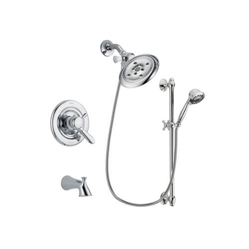 Delta Lahara Chrome Finish Dual Control Tub and Shower Faucet System Package with Large Rain Showerhead and 7-Spray Handheld Shower Sprayer with Slide Bar Includes Rough-in Valve and Tub Spout DSP0649V