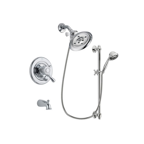 Delta Leland Chrome Finish Dual Control Tub and Shower Faucet System Package with Large Rain Showerhead and 7-Spray Handheld Shower Sprayer with Slide Bar Includes Rough-in Valve and Tub Spout DSP0655V