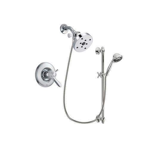 Delta Lahara Chrome Finish Thermostatic Shower Faucet System Package with 5-1/2 inch Shower Head and 7-Spray Handheld Shower Sprayer with Slide Bar Includes Rough-in Valve DSP0664V