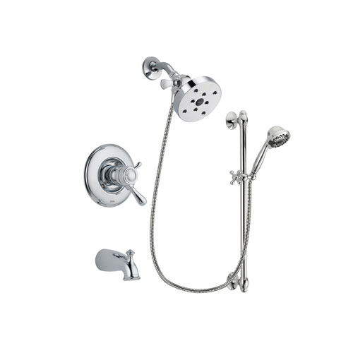 Delta Leland Chrome Finish Thermostatic Tub and Shower Faucet System Package with 5-1/2 inch Shower Head and 7-Spray Handheld Shower Sprayer with Slide Bar Includes Rough-in Valve and Tub Spout DSP0667V