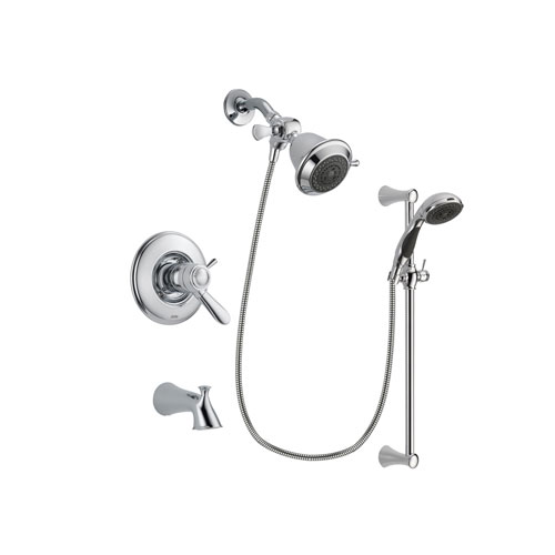 Delta Lahara Chrome Finish Thermostatic Tub and Shower Faucet System Package with Shower Head and 5-Spray Wall Mount Slide Bar with Personal Handheld Shower Includes Rough-in Valve and Tub Spout DSP0697V