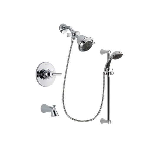 Delta Trinsic Chrome Finish Tub and Shower Faucet System Package with Shower Head and 5-Spray Wall Mount Slide Bar with Personal Handheld Shower Includes Rough-in Valve and Tub Spout DSP0709V