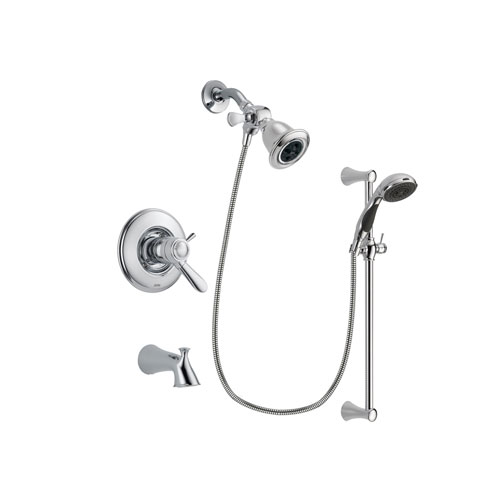 Delta Lahara Chrome Finish Thermostatic Tub and Shower Faucet System Package with Water Efficient Showerhead and 5-Spray Wall Mount Slide Bar with Personal Handheld Shower Includes Rough-in Valve and Tub Spout DSP0731V