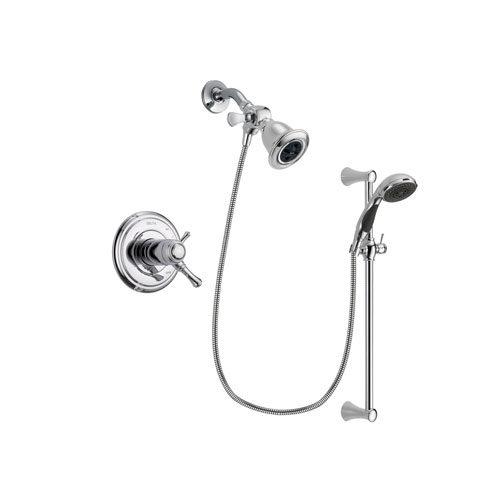 Delta Cassidy Chrome Finish Thermostatic Shower Faucet System Package with Water Efficient Showerhead and 5-Spray Wall Mount Slide Bar with Personal Handheld Shower Includes Rough-in Valve DSP0740V