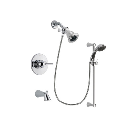 Delta Trinsic Chrome Finish Tub and Shower Faucet System Package with Water Efficient Showerhead and 5-Spray Wall Mount Slide Bar with Personal Handheld Shower Includes Rough-in Valve and Tub Spout DSP0743V