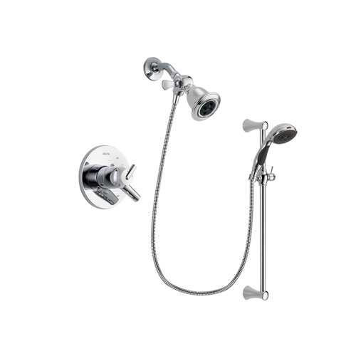 Delta Trinsic Chrome Finish Dual Control Shower Faucet System Package with Water Efficient Showerhead and 5-Spray Wall Mount Slide Bar with Personal Handheld Shower Includes Rough-in Valve DSP0754V