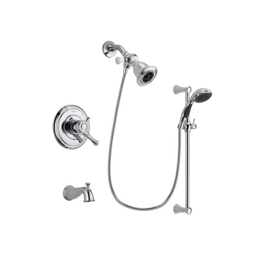 Delta Cassidy Chrome Finish Dual Control Tub and Shower Faucet System Package with Water Efficient Showerhead and 5-Spray Wall Mount Slide Bar with Personal Handheld Shower Includes Rough-in Valve and Tub Spout DSP0763V