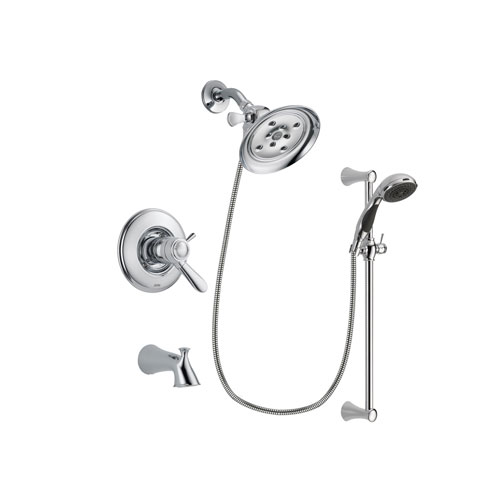 Delta Lahara Chrome Finish Thermostatic Tub and Shower Faucet System Package with Large Rain Showerhead and 5-Spray Wall Mount Slide Bar with Personal Handheld Shower Includes Rough-in Valve and Tub Spout DSP0765V