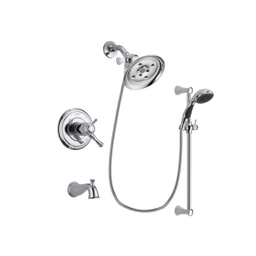 Delta Cassidy Chrome Finish Thermostatic Tub and Shower Faucet System Package with Large Rain Showerhead and 5-Spray Wall Mount Slide Bar with Personal Handheld Shower Includes Rough-in Valve and Tub Spout DSP0773V