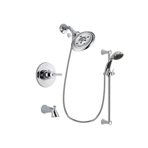 Delta Trinsic Chrome Finish Tub and Shower Faucet System Package with Large Rain Showerhead and 5-Spray Wall Mount Slide Bar with Personal Handheld Shower Includes Rough-in Valve and Tub Spout DSP0777V