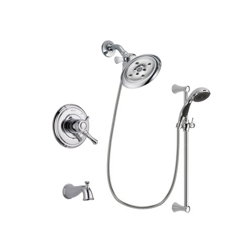 Delta Cassidy Chrome Finish Dual Control Tub and Shower Faucet System Package with Large Rain Showerhead and 5-Spray Wall Mount Slide Bar with Personal Handheld Shower Includes Rough-in Valve and Tub Spout DSP0797V