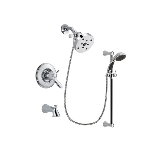 Delta Lahara Chrome Finish Thermostatic Tub and Shower Faucet System Package with 5-1/2 inch Shower Head and 5-Spray Wall Mount Slide Bar with Personal Handheld Shower Includes Rough-in Valve and Tub Spout DSP0799V
