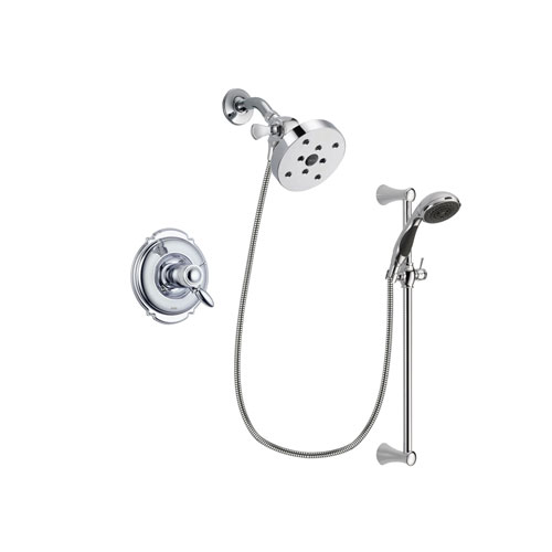 Delta Victorian Chrome Finish Thermostatic Shower Faucet System Package with 5-1/2 inch Shower Head and 5-Spray Wall Mount Slide Bar with Personal Handheld Shower Includes Rough-in Valve DSP0802V