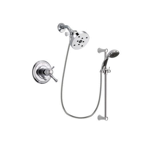 Delta Cassidy Chrome Finish Thermostatic Shower Faucet System Package with 5-1/2 inch Shower Head and 5-Spray Wall Mount Slide Bar with Personal Handheld Shower Includes Rough-in Valve DSP0808V