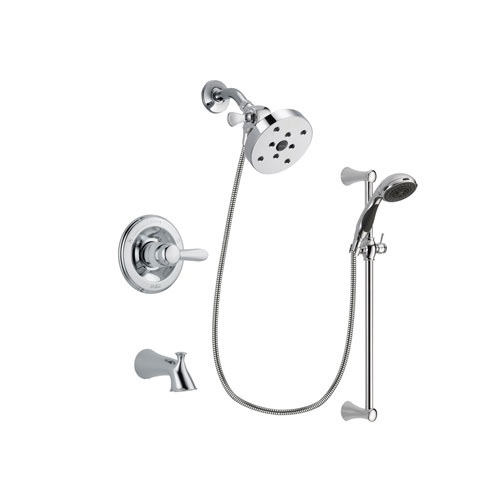 Delta Lahara Chrome Finish Tub and Shower Faucet System Package with 5-1/2 inch Shower Head and 5-Spray Wall Mount Slide Bar with Personal Handheld Shower Includes Rough-in Valve and Tub Spout DSP0809V