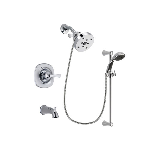 Delta Addison Chrome Finish Tub and Shower Faucet System Package with 5-1/2 inch Shower Head and 5-Spray Wall Mount Slide Bar with Personal Handheld Shower Includes Rough-in Valve and Tub Spout DSP0815V