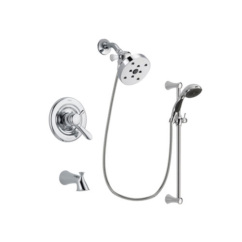 Delta Lahara Chrome Finish Dual Control Tub and Shower Faucet System Package with 5-1/2 inch Shower Head and 5-Spray Wall Mount Slide Bar with Personal Handheld Shower Includes Rough-in Valve and Tub Spout DSP0819V