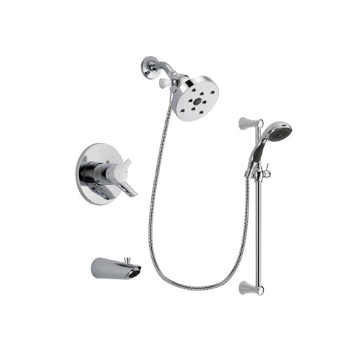 Delta Compel Chrome Finish Dual Control Tub and Shower Faucet System Package with 5-1/2 inch Shower Head and 5-Spray Wall Mount Slide Bar with Personal Handheld Shower Includes Rough-in Valve and Tub Spout DSP0823V
