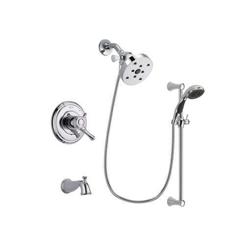 Delta Cassidy Chrome Finish Dual Control Tub and Shower Faucet System Package with 5-1/2 inch Shower Head and 5-Spray Wall Mount Slide Bar with Personal Handheld Shower Includes Rough-in Valve and Tub Spout DSP0831V
