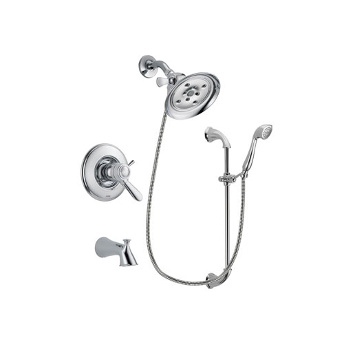 Delta Lahara Chrome Finish Thermostatic Tub and Shower Faucet System Package with Large Rain Showerhead and Handheld Shower with Slide Bar Includes Rough-in Valve and Tub Spout DSP0901V