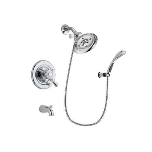 Delta Leland Chrome Finish Dual Control Tub and Shower Faucet System Package with Large Rain Showerhead and Wall-Mount Bracket with Handheld Shower Spray Includes Rough-in Valve and Tub Spout DSP1063V