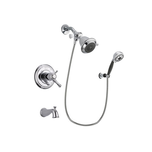 Delta Cassidy Chrome Finish Thermostatic Tub and Shower Faucet System Package with Shower Head and 5-Spray Modern Handheld Shower with Wall Bracket and Hose Includes Rough-in Valve and Tub Spout DSP1113V