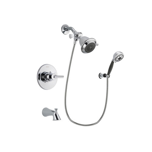 Delta Trinsic Chrome Finish Tub and Shower Faucet System Package with Shower Head and 5-Spray Modern Handheld Shower with Wall Bracket and Hose Includes Rough-in Valve and Tub Spout DSP1117V