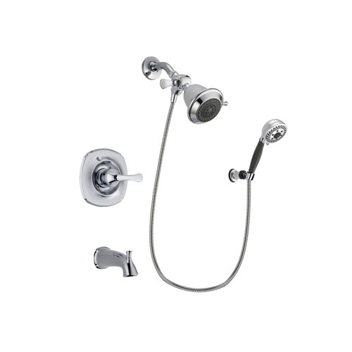 Delta Addison Chrome Finish Tub and Shower Faucet System Package with Shower Head and 5-Spray Modern Handheld Shower with Wall Bracket and Hose Includes Rough-in Valve and Tub Spout DSP1121V