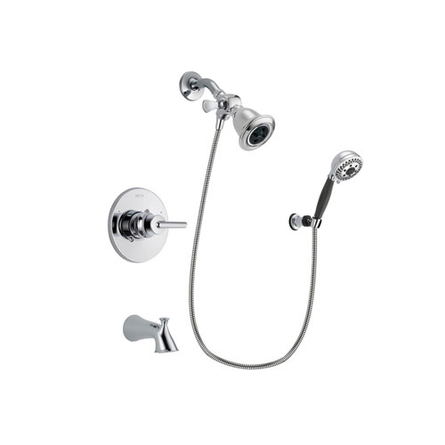 Delta Trinsic Chrome Finish Tub and Shower Faucet System Package with Water Efficient Showerhead and 5-Spray Modern Handheld Shower with Wall Bracket and Hose Includes Rough-in Valve and Tub Spout DSP1151V
