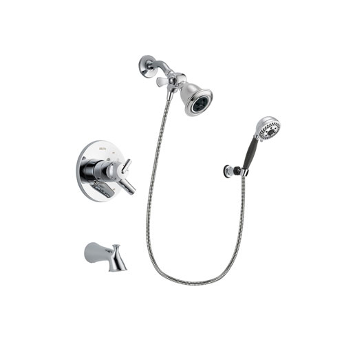 Delta Trinsic Chrome Finish Dual Control Tub and Shower Faucet System Package with Water Efficient Showerhead and 5-Spray Modern Handheld Shower with Wall Bracket and Hose Includes Rough-in Valve and Tub Spout DSP1161V
