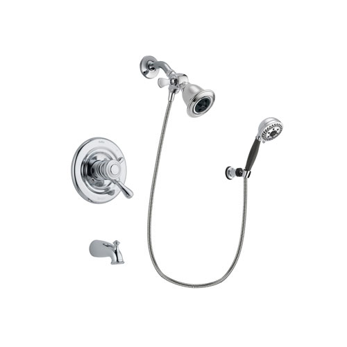 Delta Leland Chrome Finish Dual Control Tub and Shower Faucet System Package with Water Efficient Showerhead and 5-Spray Modern Handheld Shower with Wall Bracket and Hose Includes Rough-in Valve and Tub Spout DSP1165V