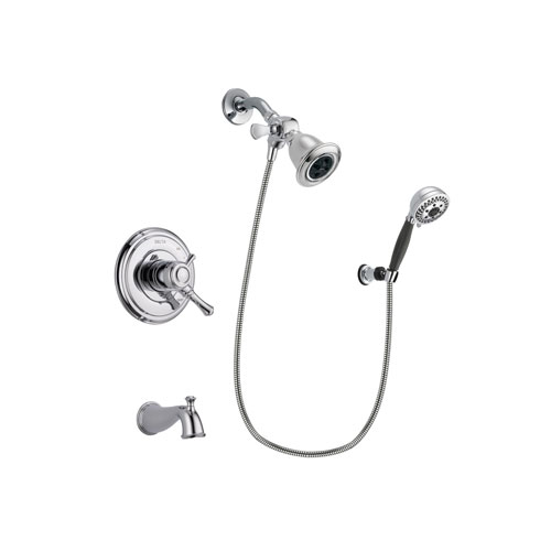 Delta Cassidy Chrome Finish Dual Control Tub and Shower Faucet System Package with Water Efficient Showerhead and 5-Spray Modern Handheld Shower with Wall Bracket and Hose Includes Rough-in Valve and Tub Spout DSP1171V