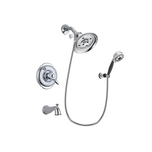 Delta Victorian Chrome Finish Thermostatic Tub and Shower Faucet System Package with Large Rain Showerhead and 5-Spray Modern Handheld Shower with Wall Bracket and Hose Includes Rough-in Valve and Tub Spout DSP1175V