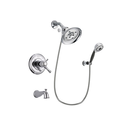 Delta Cassidy Chrome Finish Thermostatic Tub and Shower Faucet System Package with Large Rain Showerhead and 5-Spray Modern Handheld Shower with Wall Bracket and Hose Includes Rough-in Valve and Tub Spout DSP1181V