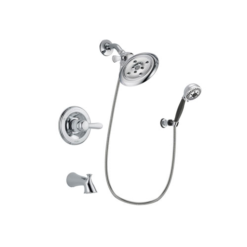 Delta Lahara Chrome Finish Tub and Shower Faucet System Package with Large Rain Showerhead and 5-Spray Modern Handheld Shower with Wall Bracket and Hose Includes Rough-in Valve and Tub Spout DSP1183V