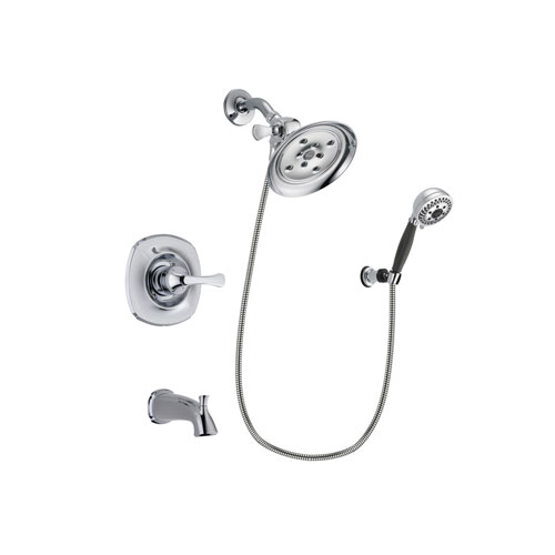 Delta Addison Chrome Finish Tub and Shower Faucet System Package with Large Rain Showerhead and 5-Spray Modern Handheld Shower with Wall Bracket and Hose Includes Rough-in Valve and Tub Spout DSP1189V