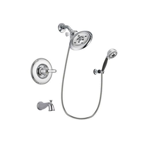 Delta Linden Chrome Finish Tub and Shower Faucet System Package with Large Rain Showerhead and 5-Spray Modern Handheld Shower with Wall Bracket and Hose Includes Rough-in Valve and Tub Spout DSP1191V
